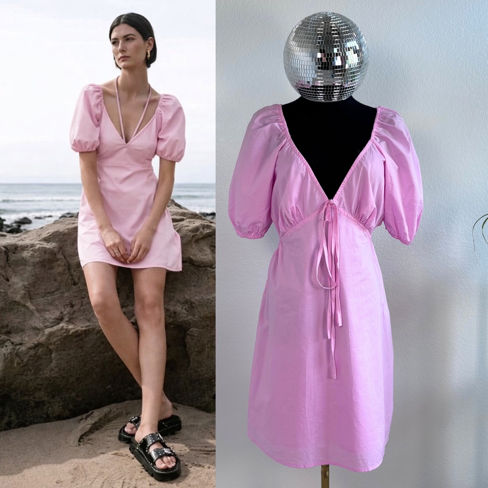 Sanctuary Pink Puff Sleeve Tie Neck Cutout Mini‎ Dress Size L